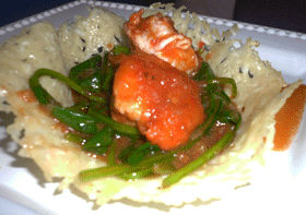 Shrimp in Cuban Enchildo Sauce with Spinach and Parmesean Crisp Cup